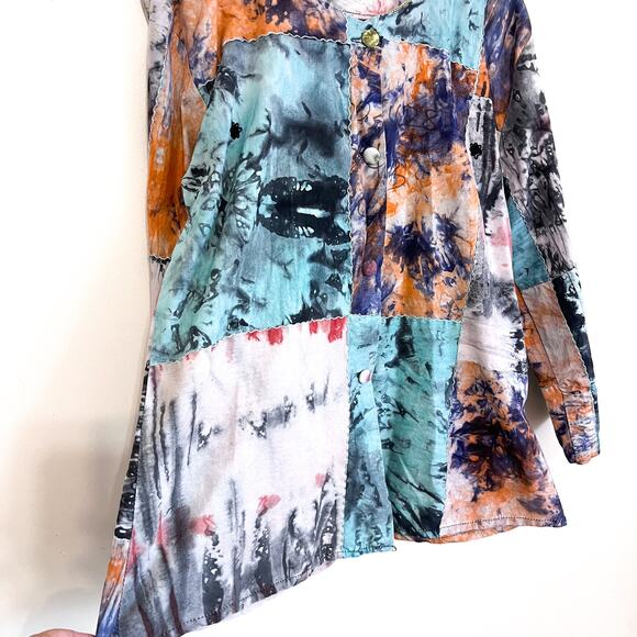 Indigo Artsy Lagenlook Womens Shirt Size O/S Patchwork Oversized Button Up Boxy - Picture 4 of 6